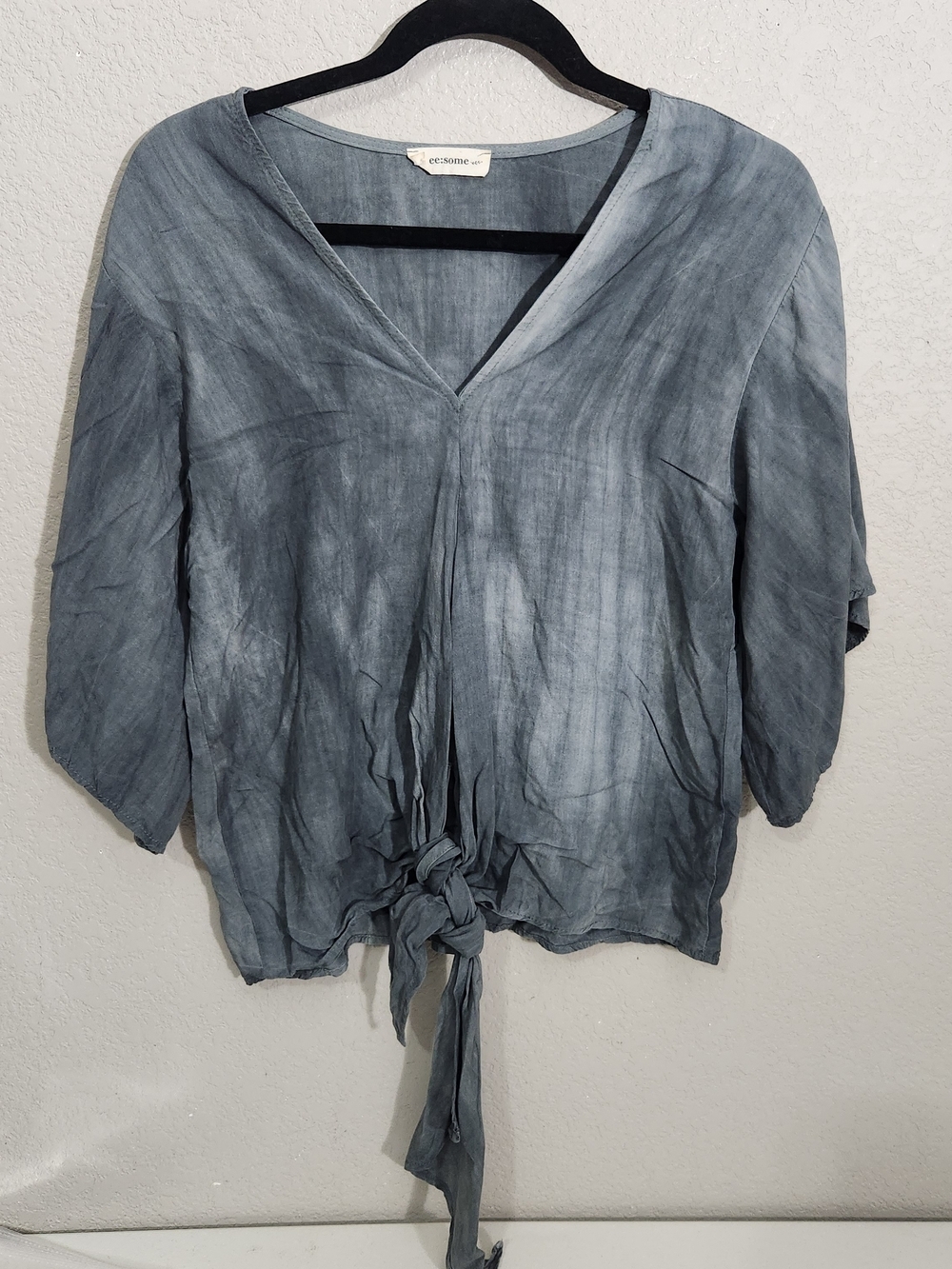 eesome Slate Blue Tie-Front V-Neck Blouse